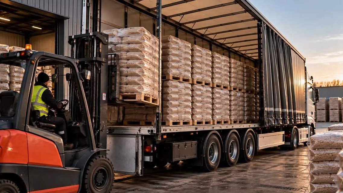 Loading wood pellets onto a semi-trailer